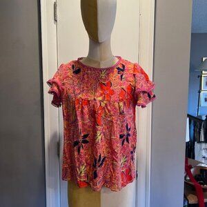 Rose+Olive Top Pink Floral Babydoll Pintuck Pleat Flutter Sleeve Boxy, Sz L